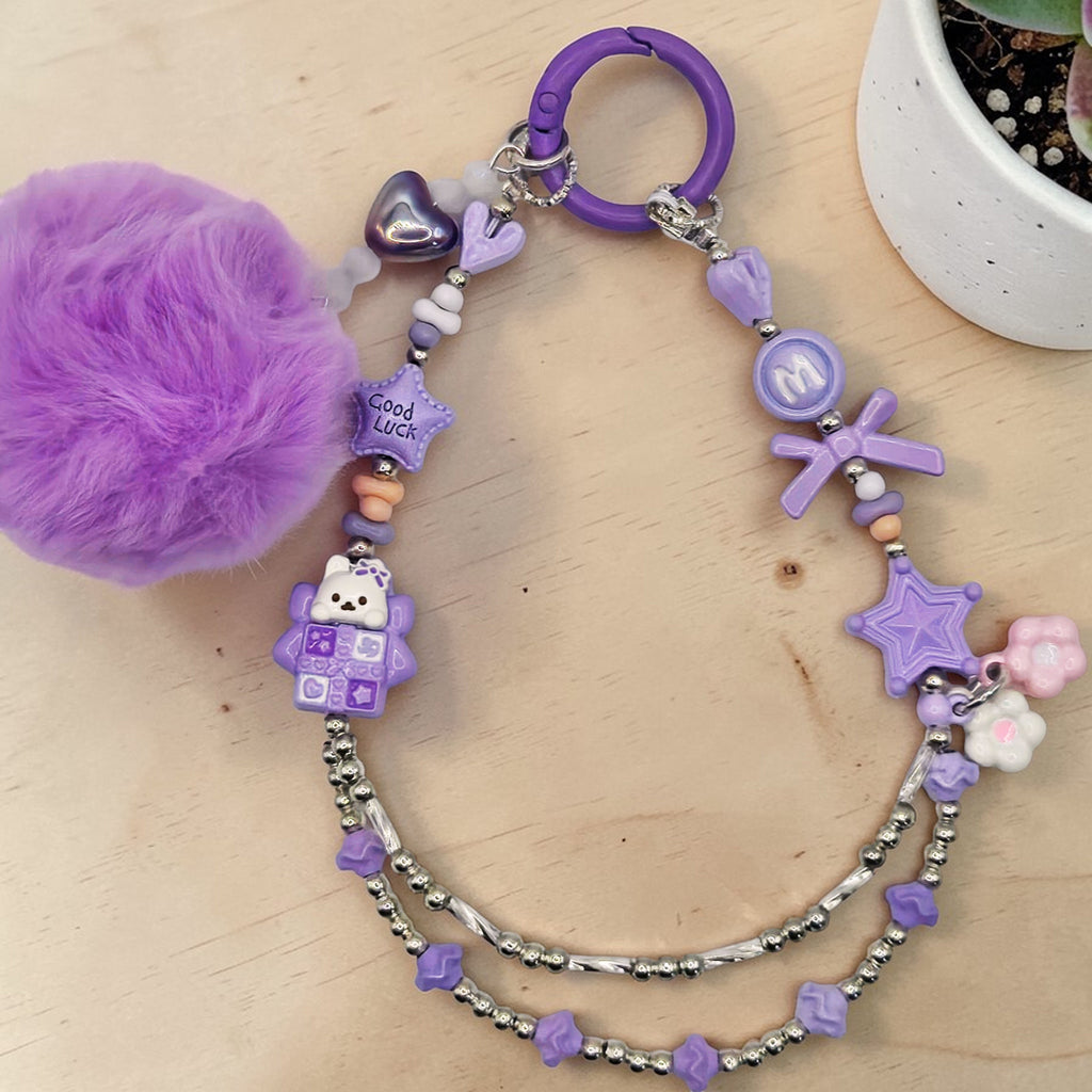 💜✨ Purple Starry Pom-Pom Mini Bead Phone Chain – Handmade Kawaii Bag Charm (One of a Kind)