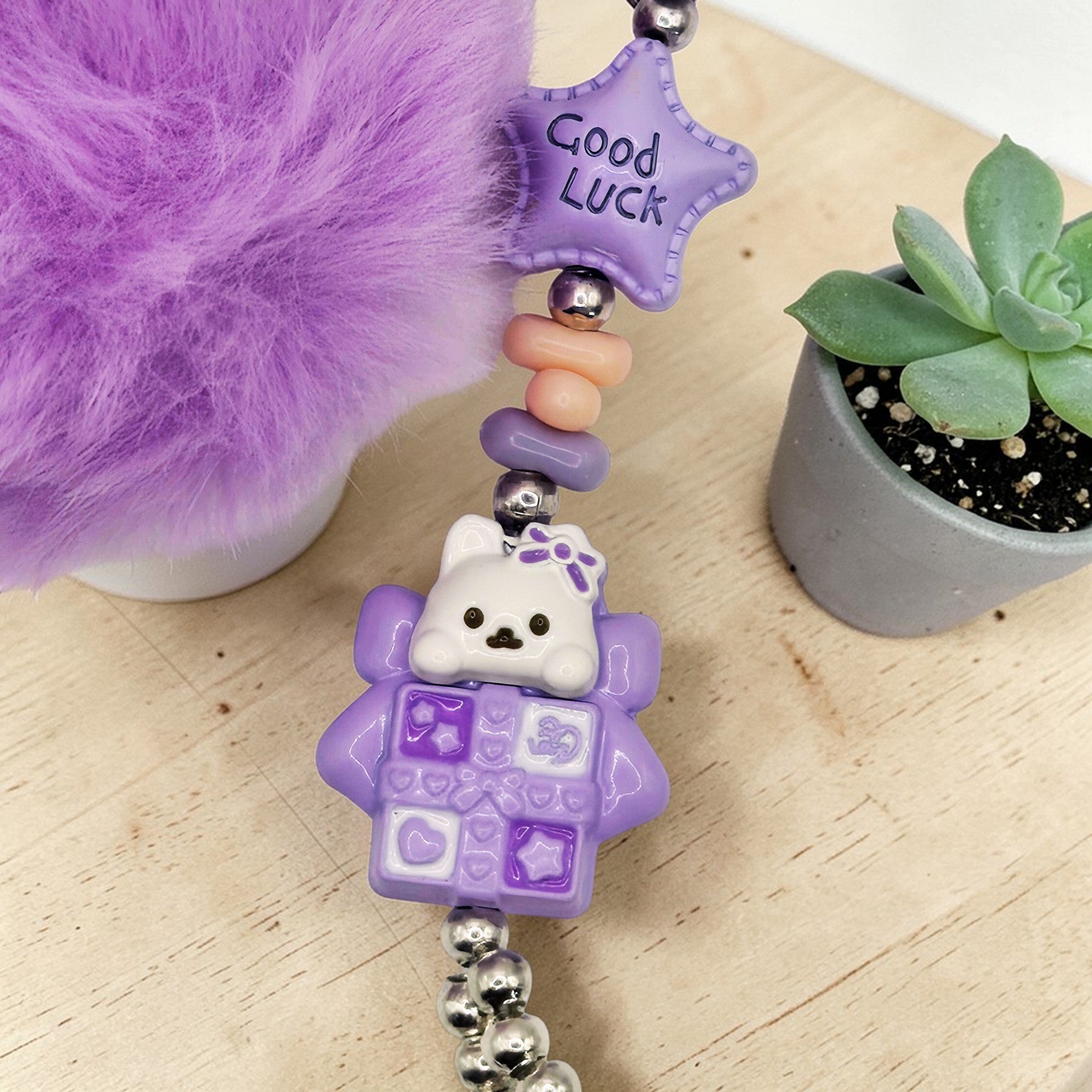 💜✨ Purple Starry Pom-Pom Mini Bead Phone Chain – Handmade Kawaii Bag Charm (One of a Kind)