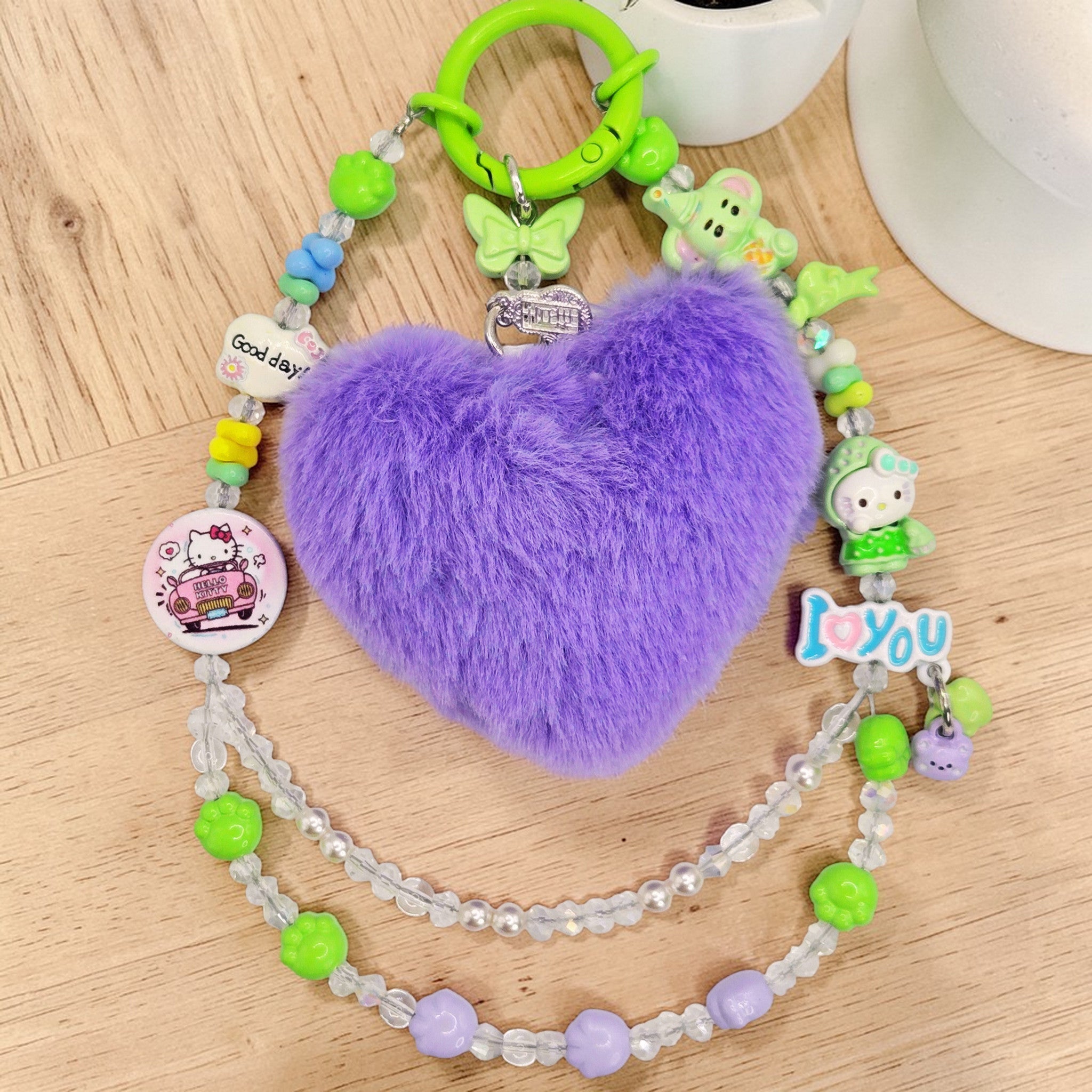 💜💚 Fluffy Heart Mini Bead Phone Chain – Handmade Kawaii Bag Charm (One of a Kind)