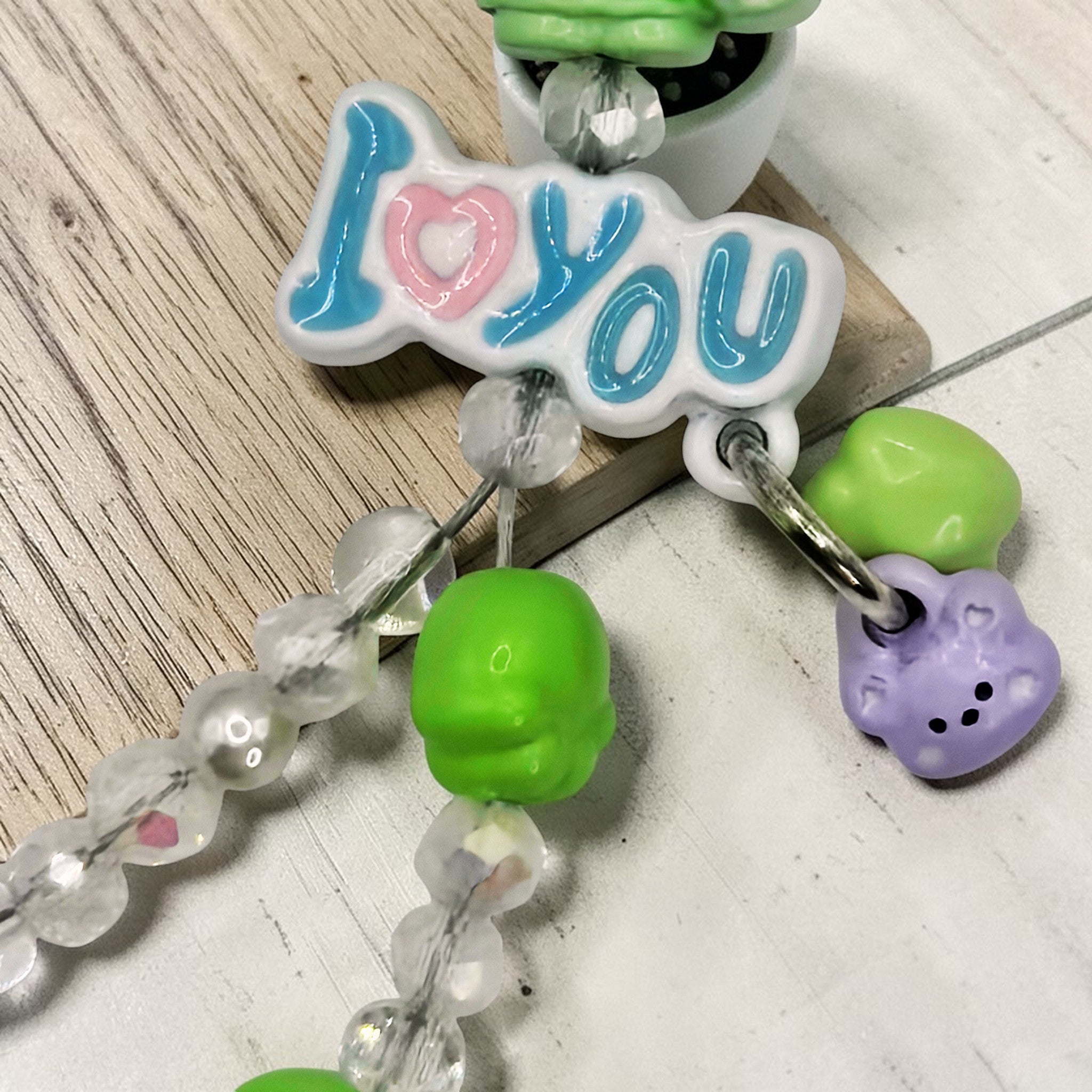 💜💚 Fluffy Heart Mini Bead Phone Chain – Handmade Kawaii Bag Charm (One of a Kind)