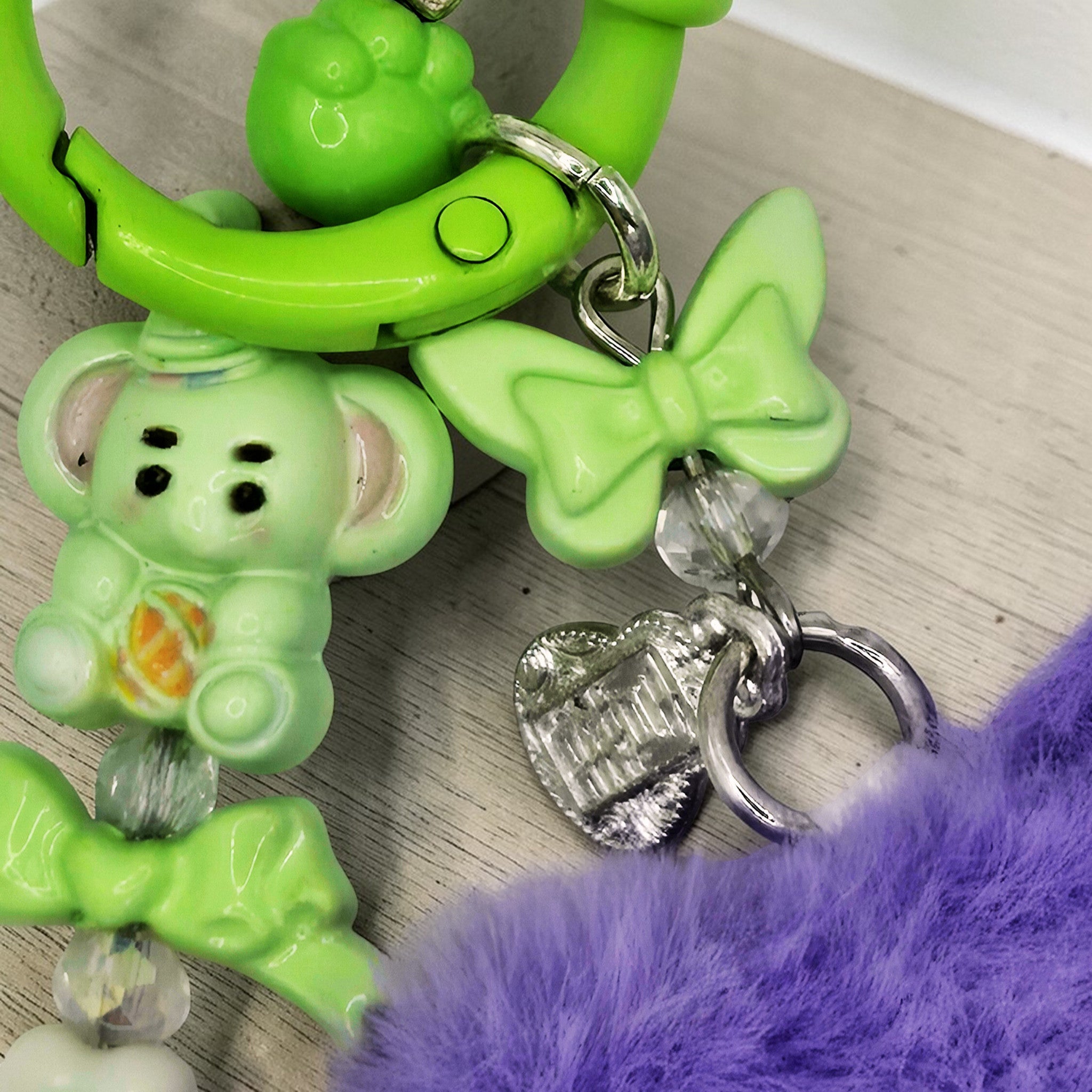💜💚 Fluffy Heart Mini Bead Phone Chain – Handmade Kawaii Bag Charm (One of a Kind)