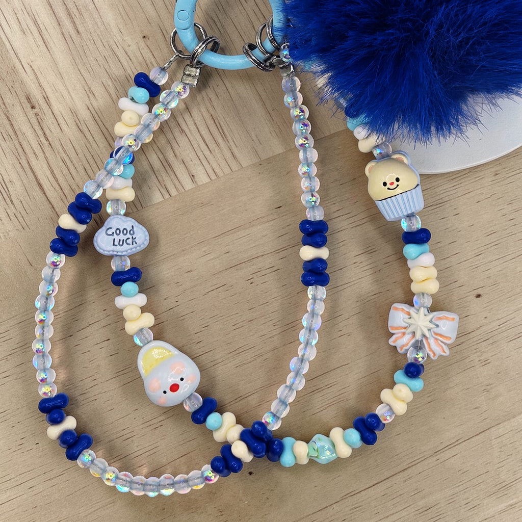 💙❄️ Blue Pom-Pom Mini Bead Phone Chain – Handmade Kawaii Bag Charm (One of a Kind)