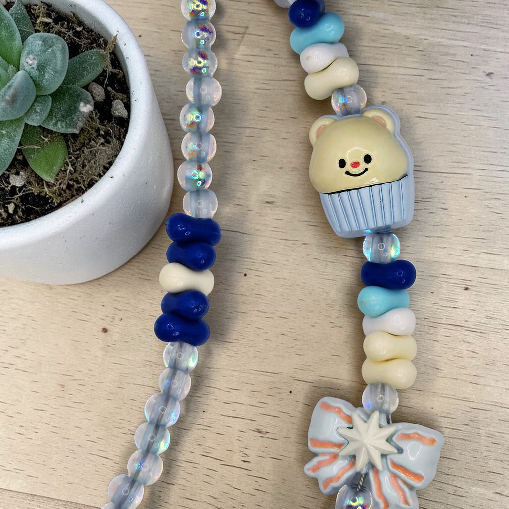 💙❄️ Blue Pom-Pom Mini Bead Phone Chain – Handmade Kawaii Bag Charm (One of a Kind)