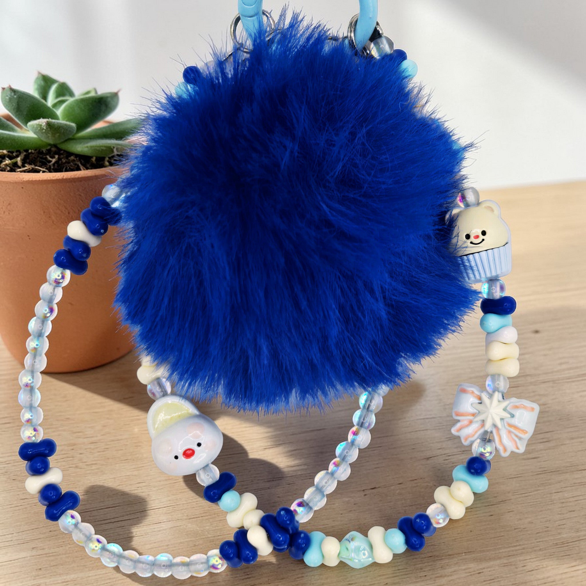 💙❄️ Blue Pom-Pom Mini Bead Phone Chain – Handmade Kawaii Bag Charm (One of a Kind)