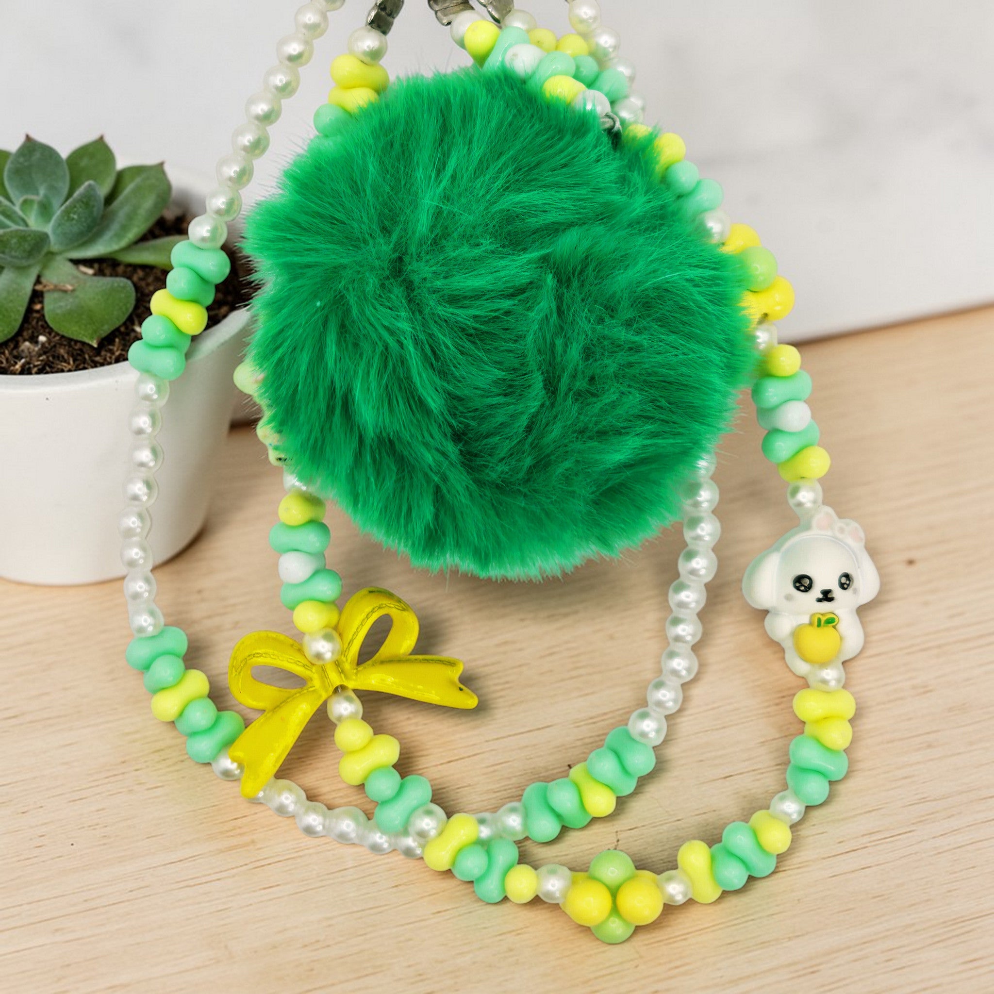 💚🍋 Green Pom-Pom Mini Bead Phone Chain – Handmade Kawaii Bag Charm (One of a Kind)