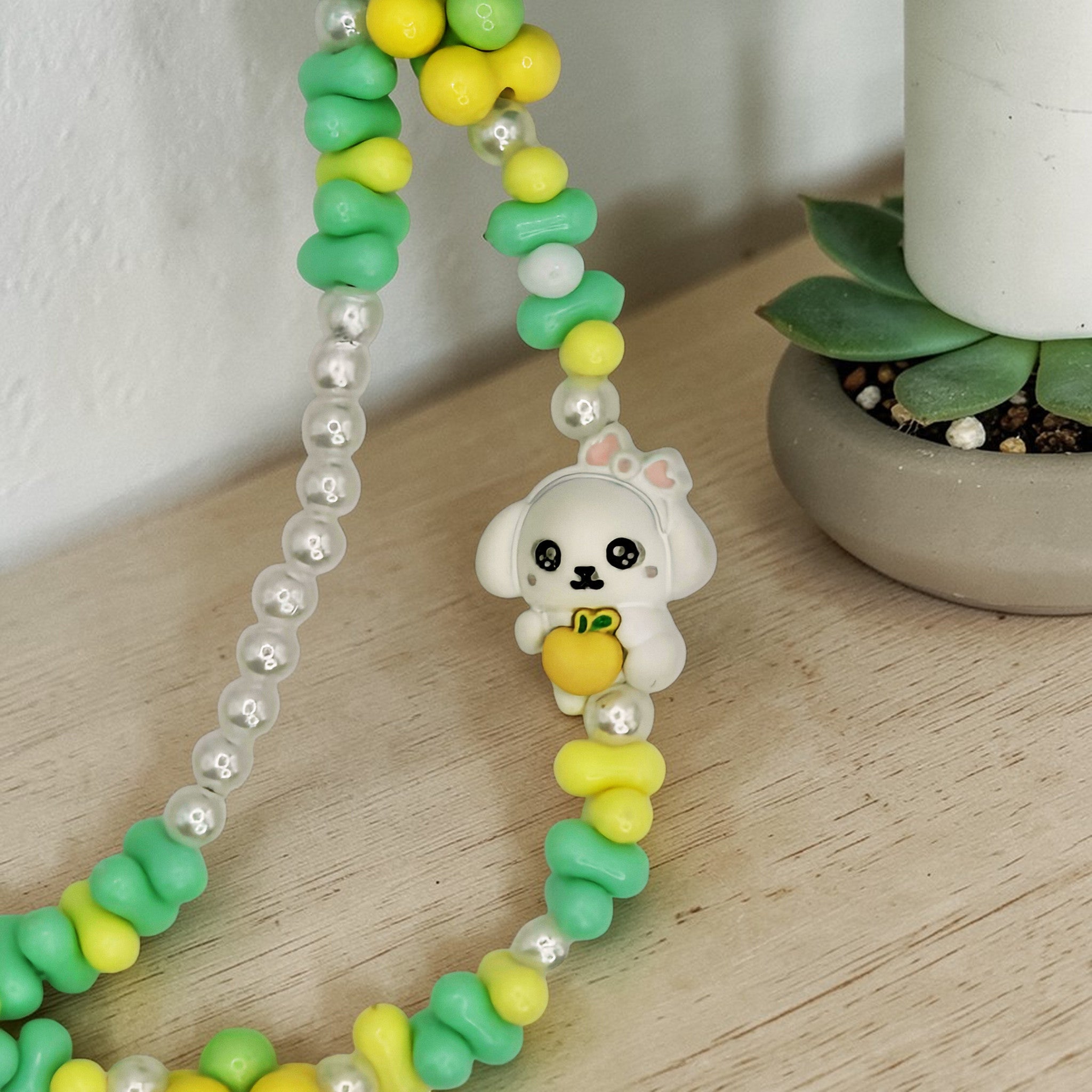 💚🍋 Green Pom-Pom Mini Bead Phone Chain – Handmade Kawaii Bag Charm (One of a Kind)