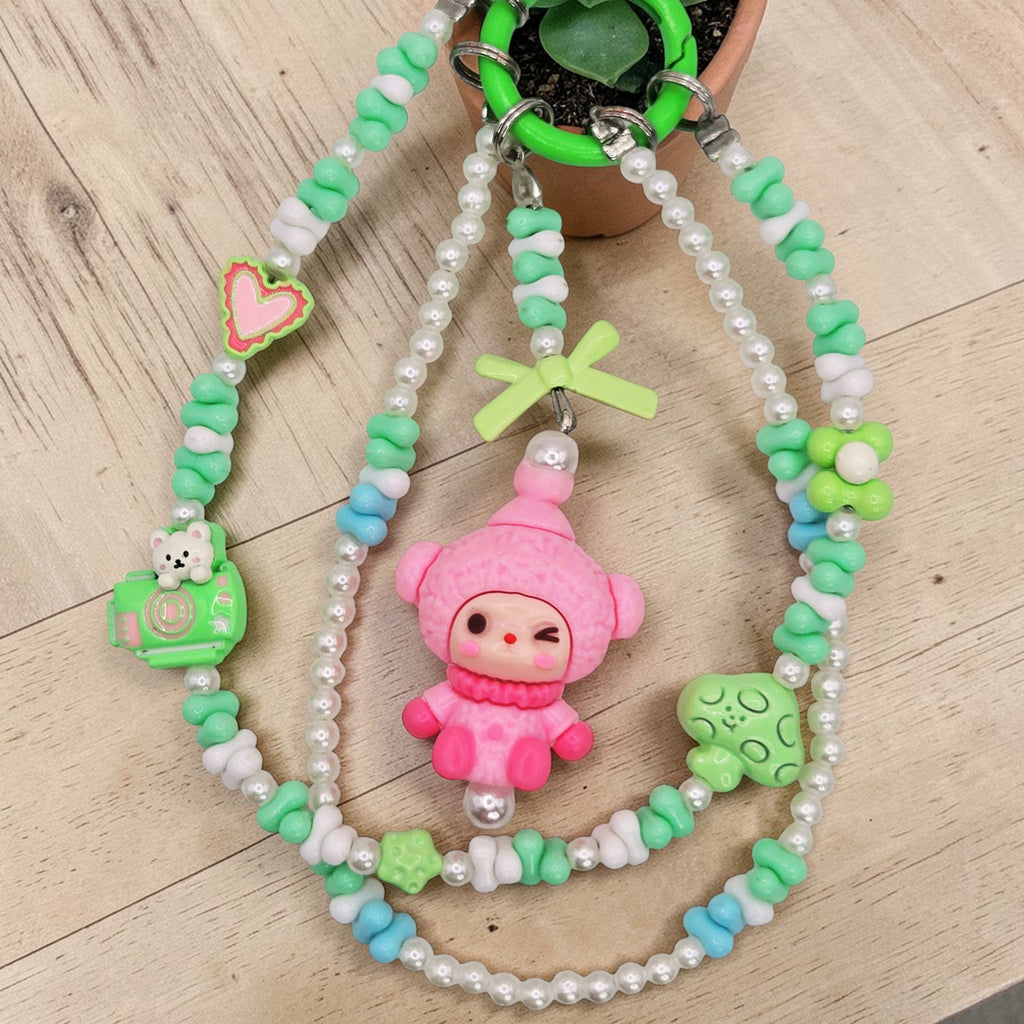🌸💚 Pink Cutie Mini Bead Phone Chain – Handmade Kawaii Bag Charm (One of a Kind)
