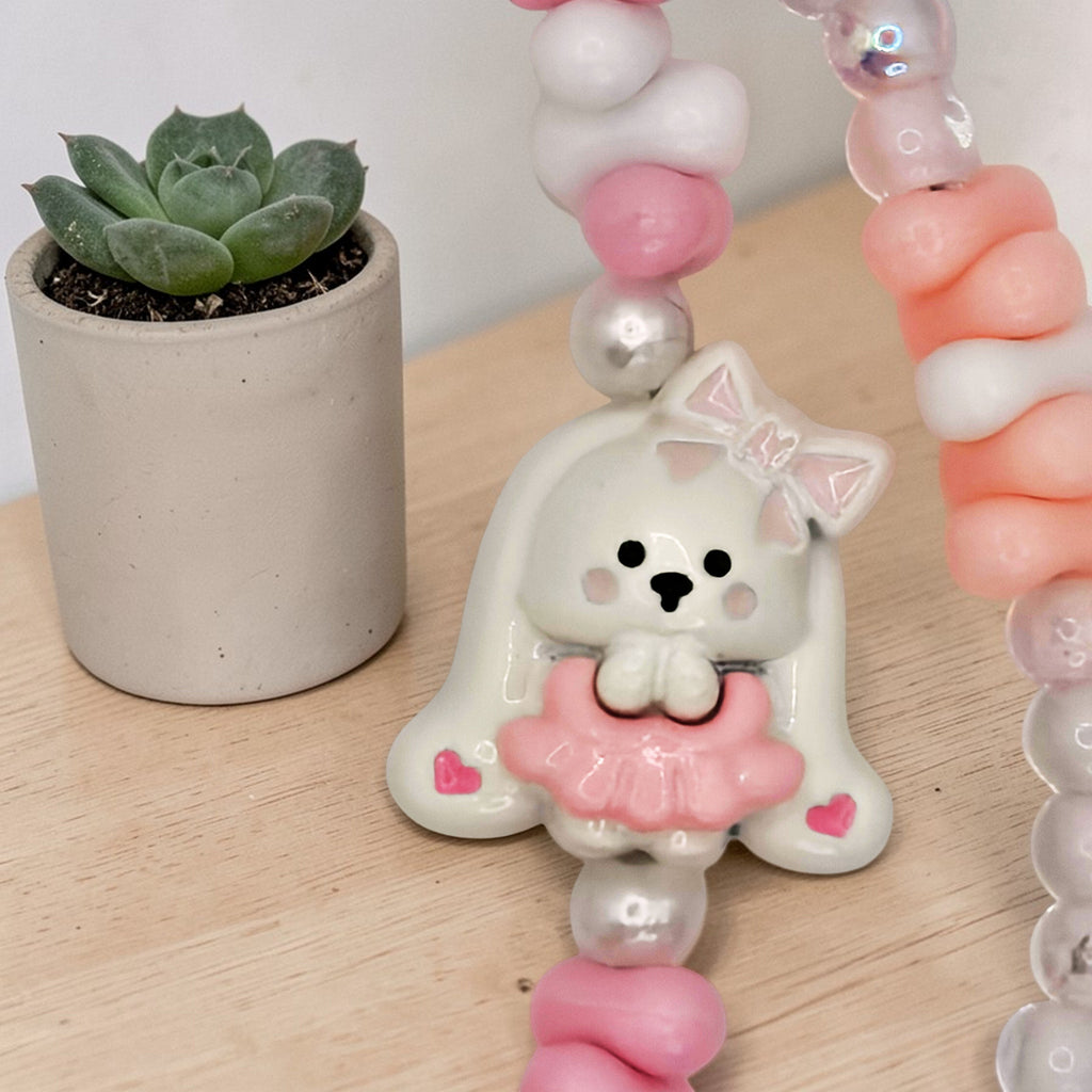 🎀💗 Pink Plush Cutie Mini Bead Phone Chain – Handmade Kawaii Bag Charm (One of a Kind)