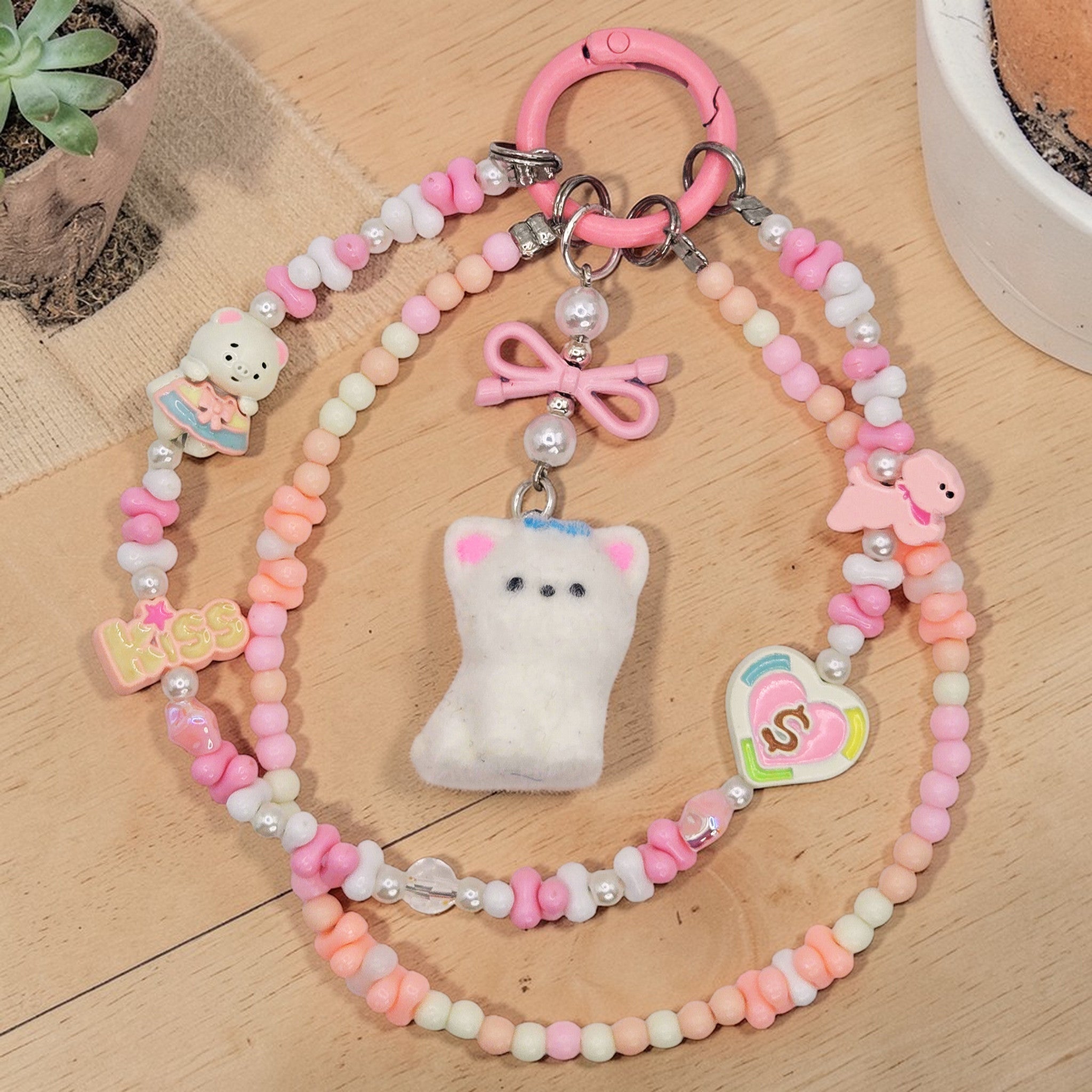 🎀💗 Pastel Plush Cutie Mini Bead Phone Chain – Handmade Kawaii Bag Charm (One of a Kind)