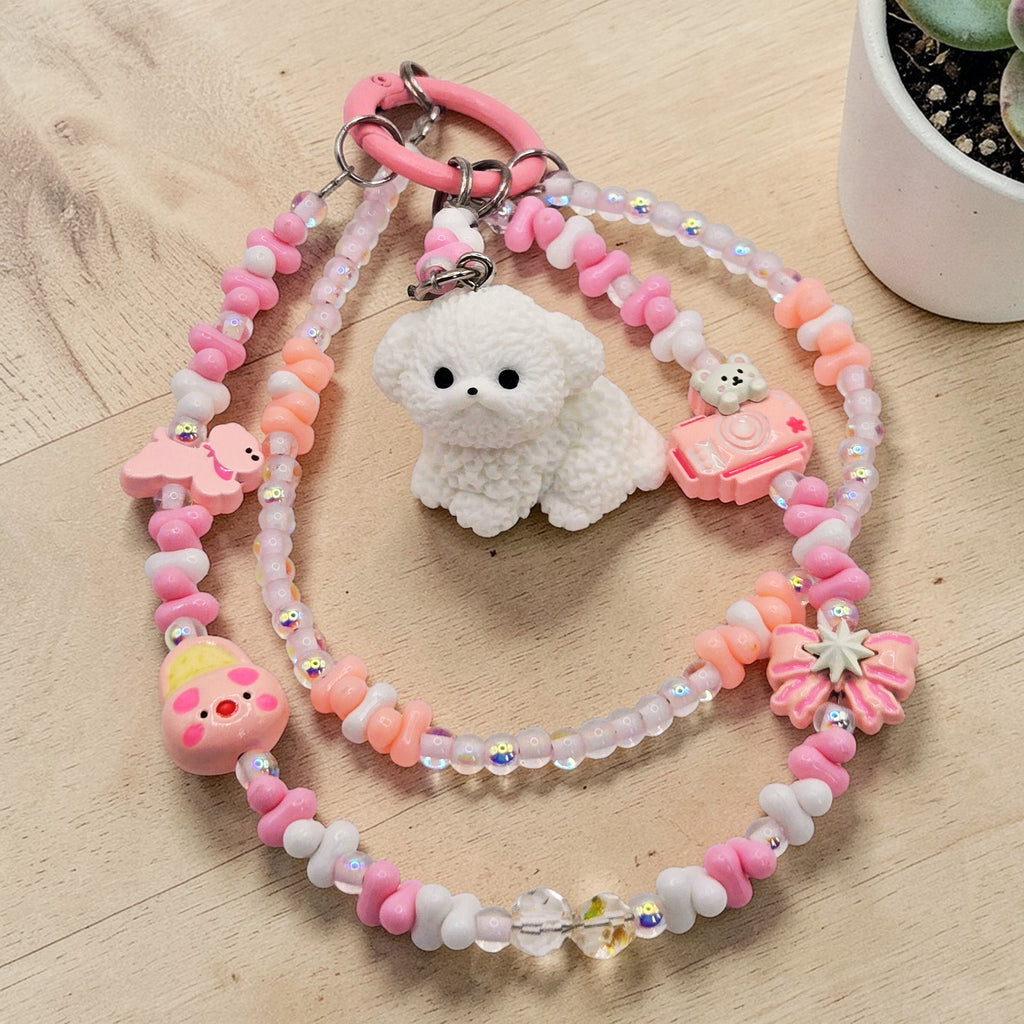 🤍🎀 Pastel Puppy Dream Mini Bead Phone Chain – Handmade Kawaii Bag Charm (One of a Kind)
