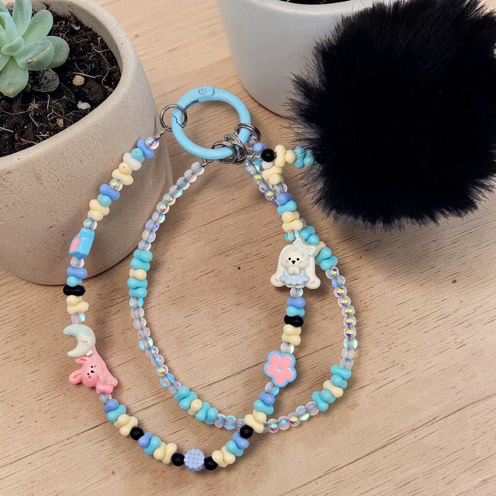 🖤❄️ Midnight Frost Bunny Mini Bead Phone Chain – Handmade Kawaii Bag Charm (One of a Kind)