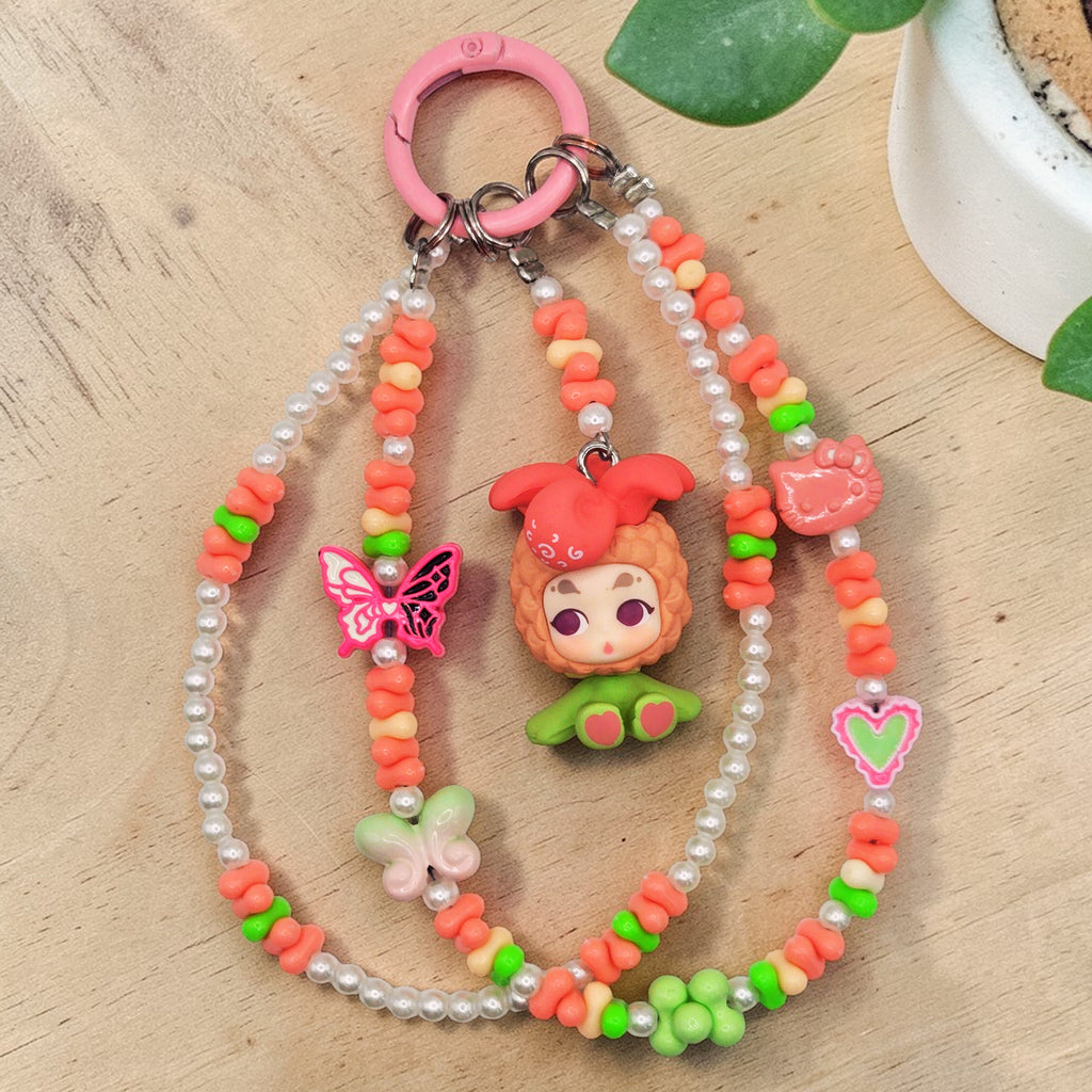 🍑🌸 Peach Garden Fairy Mini Bead Phone Chain – Handmade Kawaii Bag Charm (One of a Kind)