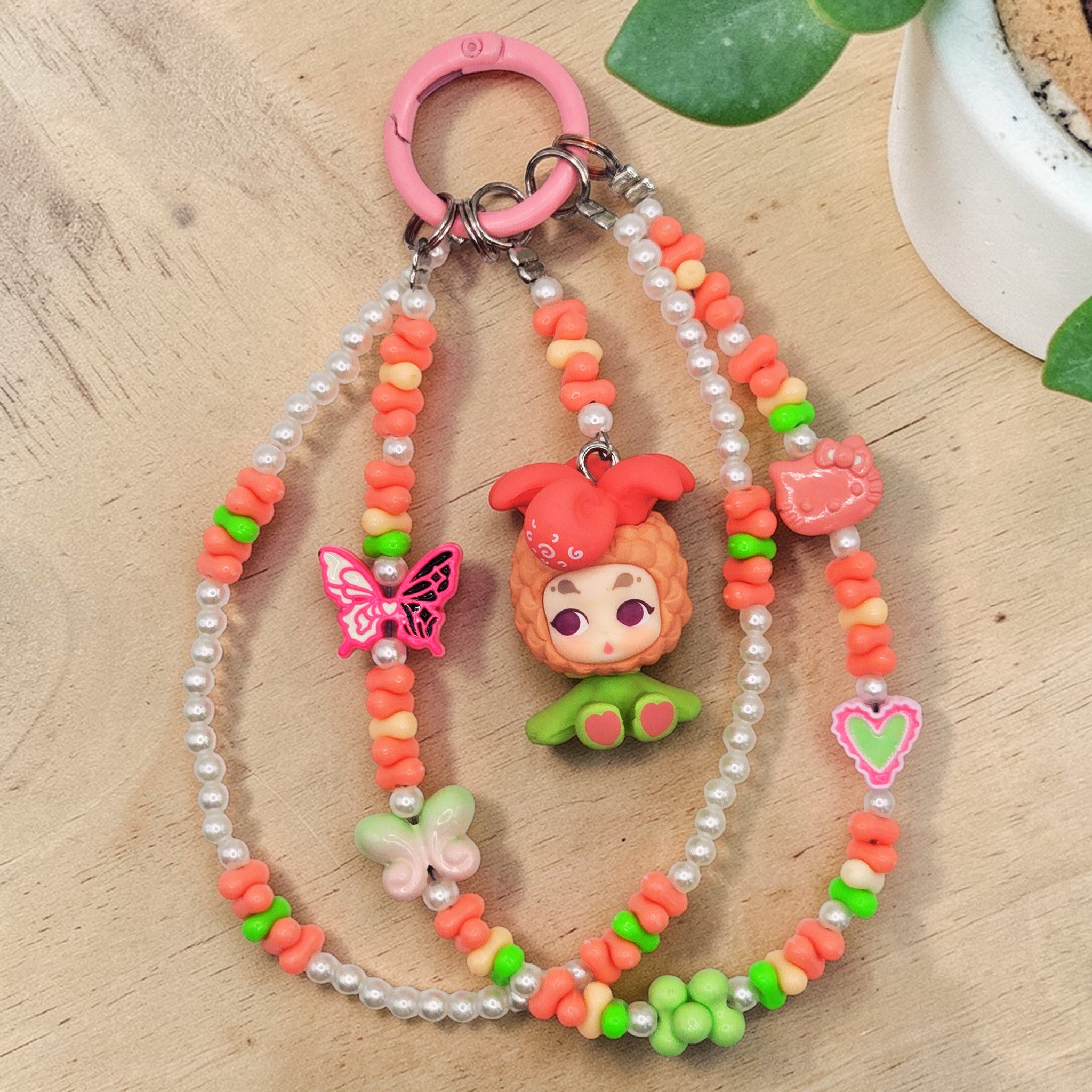 🍑🌸 Peach Garden Fairy Mini Bead Phone Chain – Handmade Kawaii Bag Charm (One of a Kind)
