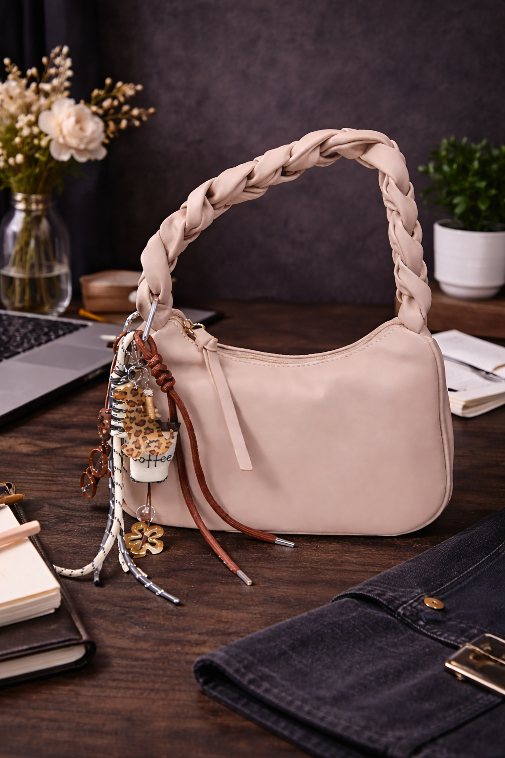 👜✨ Beige Latte Braided Shoulder Bag with Charm Decor ✨👜