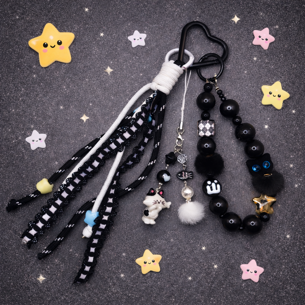 🖤✨ Midnight Kitty Charm Phone Strap & Bag Decor Set ✨🖤