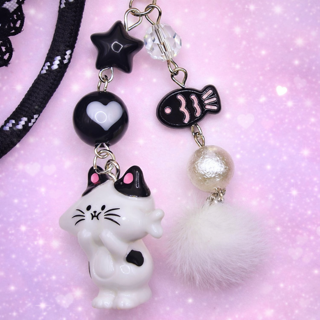 🖤✨ Midnight Kawaii Cat Bag Charm Set – One of a Kind ✨🖤